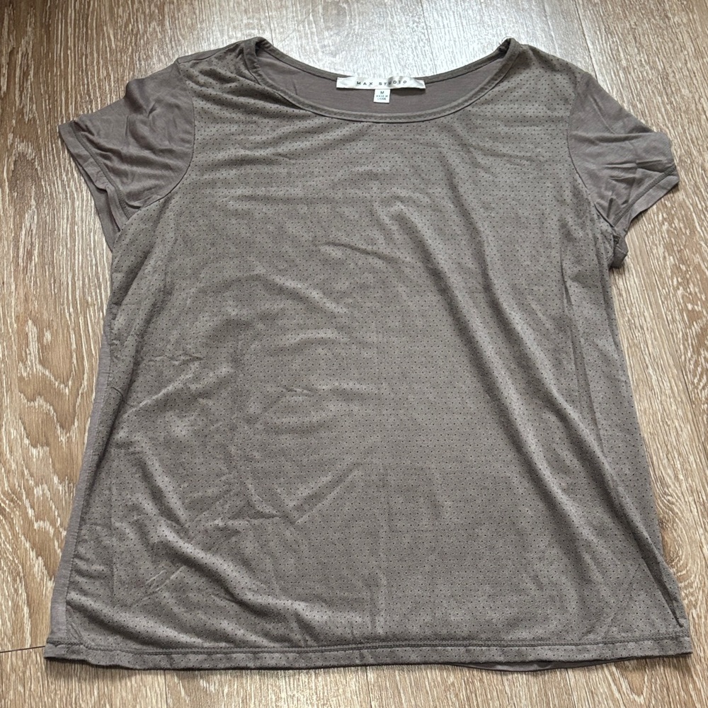 Max Studio Faux Suede Perforated t shirt, Medium, taupe gray